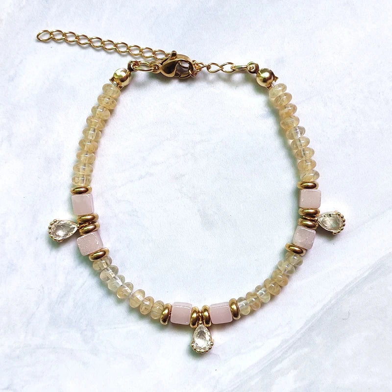 Gray Orange Stone Beaded Bangle with Copper Zircon Pendant