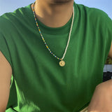 Bohemian Colorful Rice Beads & Pearl Necklace Retro Geometric Round Tag Jewelry
