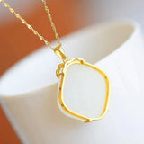 Natural Hetian Jade Geometric Square Pendant Necklace