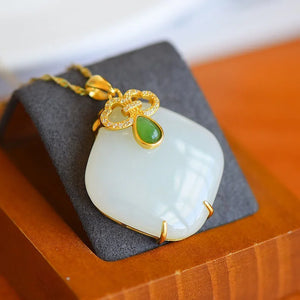 Natural Hetian Jade Geometric Square Pendant Necklace