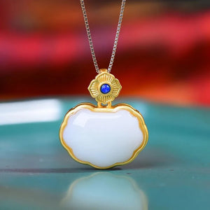Vintage Gilt Craft Jade Lapis Necklace Chinese Style