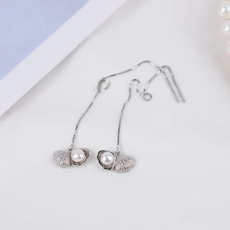 925 Silver Shell & Pearl Women Dangle Earrings