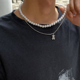 Double Layer Pearl Bear Necklace Man Hip-Hop Choker Chain