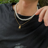 Double Layer Pearl Bear Necklace Man Hip-Hop Choker Chain