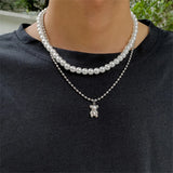 Double Layer Pearl Bear Necklace Man Hip-Hop Choker Chain