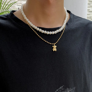 Double Layer Pearl Bear Necklace Man Hip-Hop Choker Chain