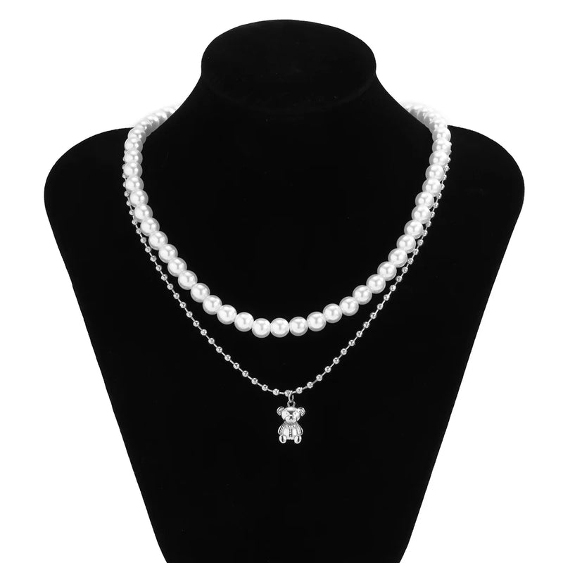 Double Layer Pearl Bear Necklace Man Hip-Hop Choker Chain