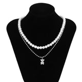 Double Layer Pearl Bear Necklace Man Hip-Hop Choker Chain