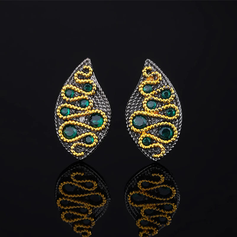 Bohemian Leaf Shaped Earrings Set with Green Pearl Jewelry