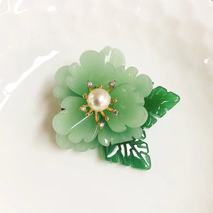 Retro Green Stone Glass Flower Brooch with Pearl