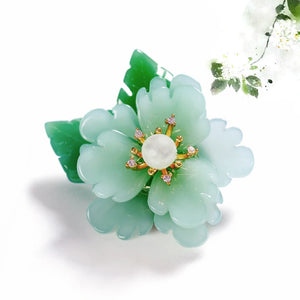Retro Green Stone Glass Flower Brooch with Pearl