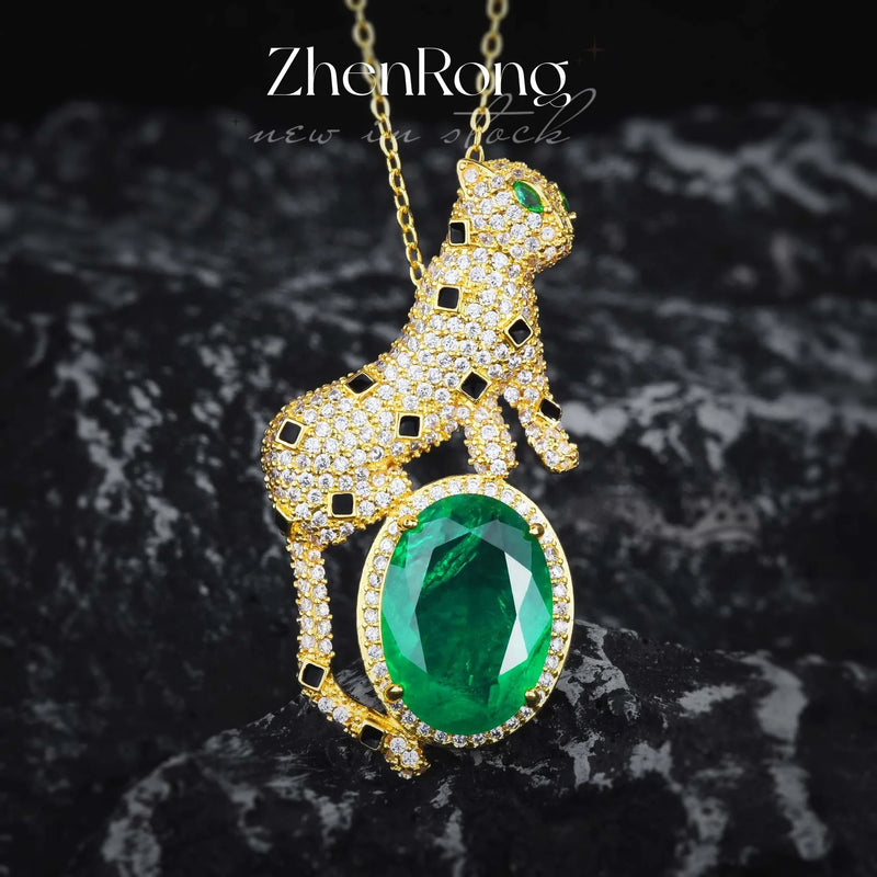 Leopard Emerald Gemstone Pendant 925 Silver Necklace