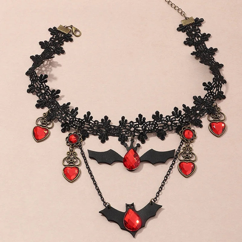 Red Lace Bat Halloween Choker Necklace for Women Girls