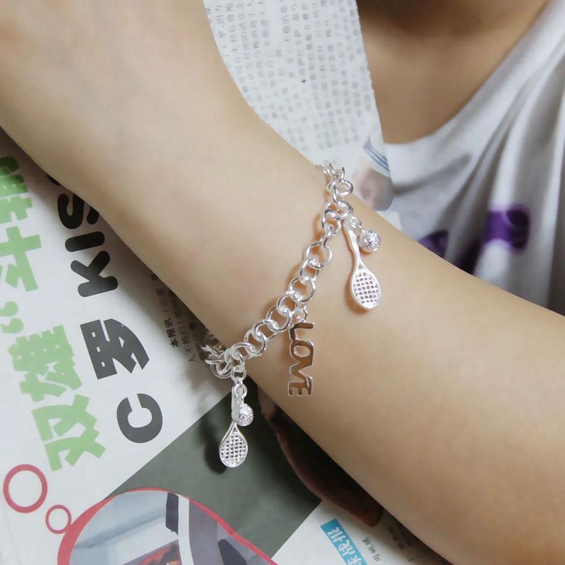 Lady Ornaments Love Bracelet 925 Silver Tennis Racket Charm Bangle