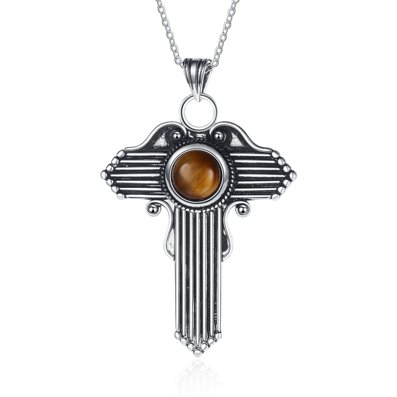 Large T Pendant Necklace with Rhodochrosite 925 Silver Tiger Eye Jewelry
