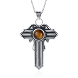 Large T Pendant Necklace with Rhodochrosite 925 Silver Tiger Eye Jewelry