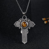 Large T Pendant Necklace with Rhodochrosite 925 Silver Tiger Eye Jewelry