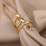 Layered Zircon Snake Shape Rings Stainless Steel Irregular Geometry Finger Rings