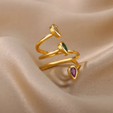 Layered Zircon Snake Shape Rings Stainless Steel Irregular Geometry Finger Rings