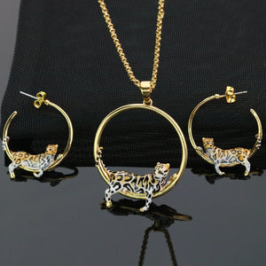 Leopard Earrings Necklace Set Enamel Vintage Animal Jewelry