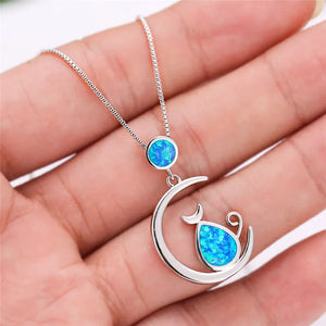 Moon Cat Opal Necklace 925 Silver Vintage Wedding Jewelry