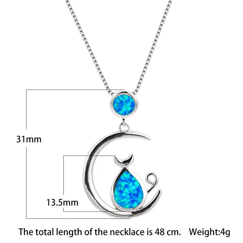 Moon Cat Opal Necklace 925 Silver Vintage Wedding Jewelry