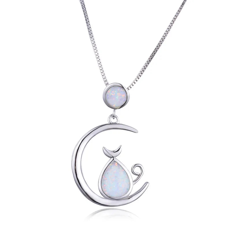 Moon Cat Opal Necklace 925 Silver Vintage Wedding Jewelry