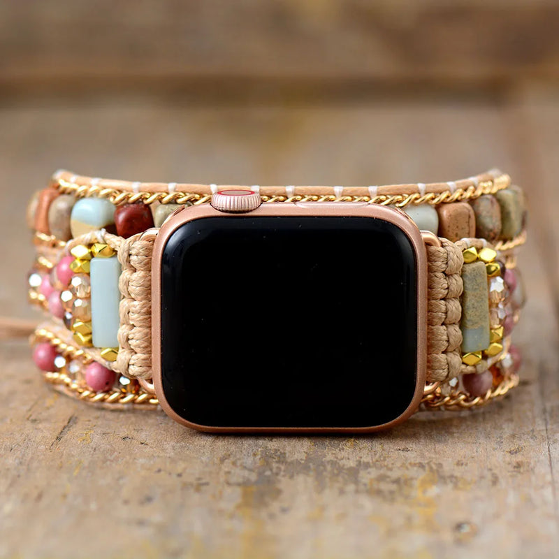 Boho Natural Gems Stone Apple Watch Band 3X Wrap Vegan Rope Wristband