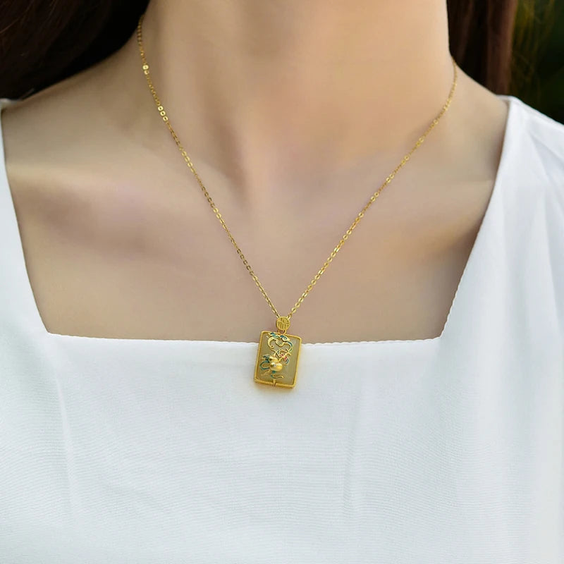 Vintage Hetian Jade Enamel Gourd Pendant Necklace