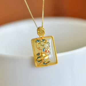 Vintage Hetian Jade Enamel Gourd Pendant Necklace