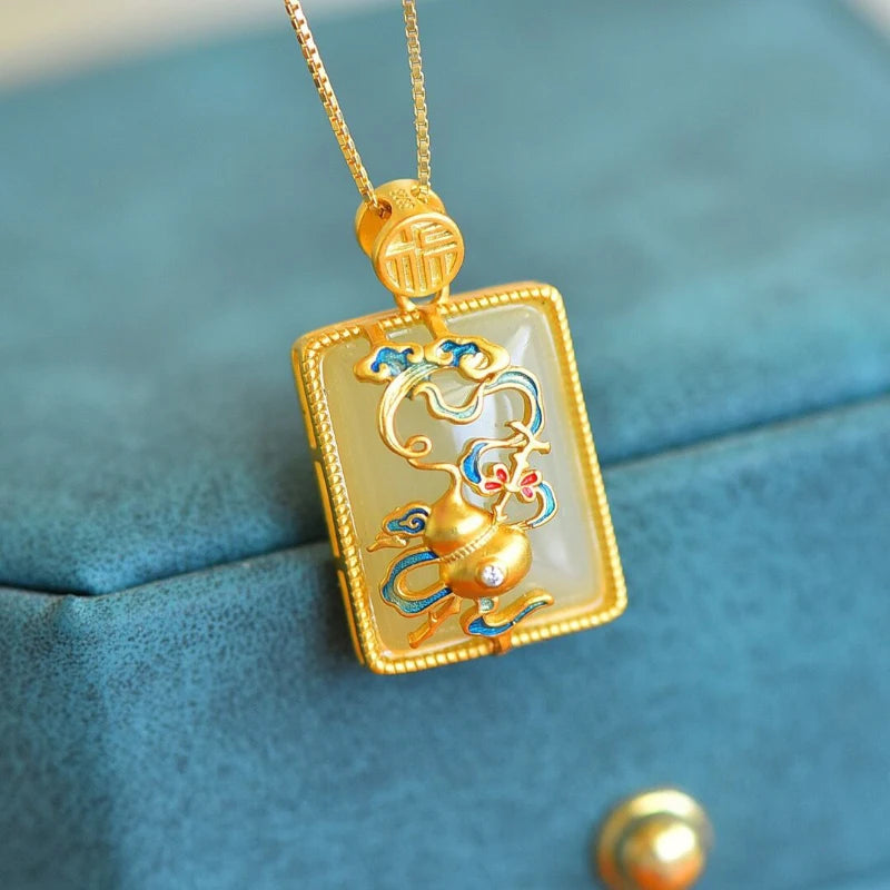 Vintage Hetian Jade Enamel Gourd Pendant Necklace