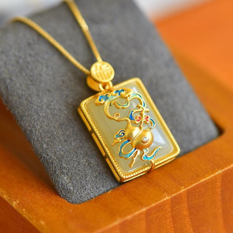 Vintage Hetian Jade Enamel Gourd Pendant Necklace