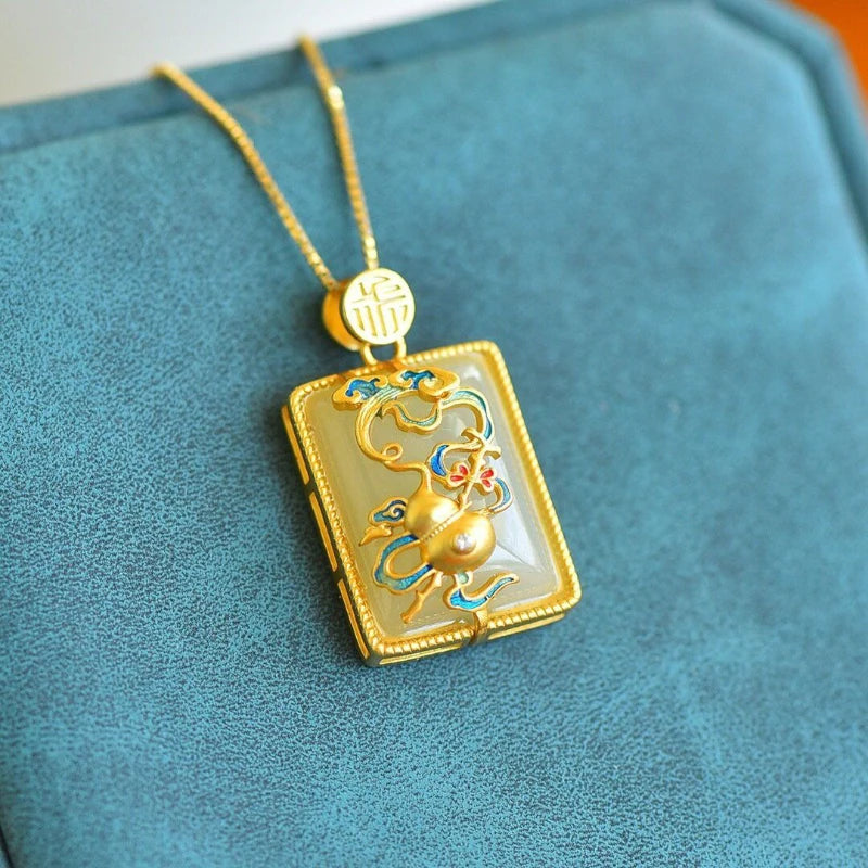 Vintage Hetian Jade Enamel Gourd Pendant Necklace