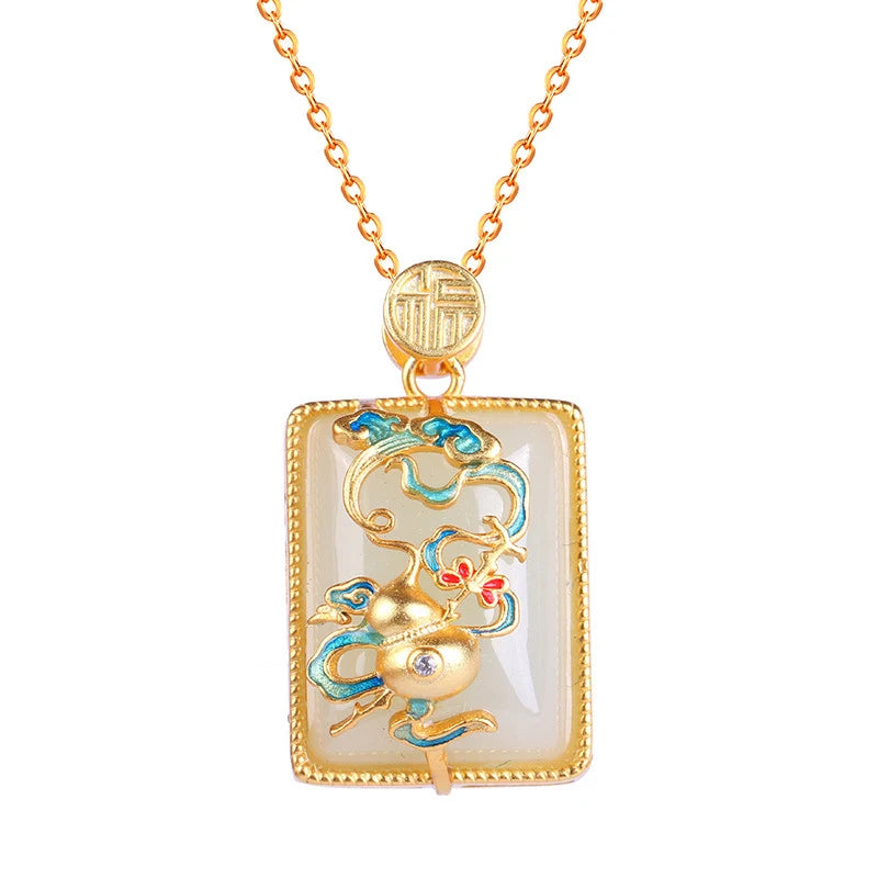 Vintage Hetian Jade Enamel Gourd Pendant Necklace