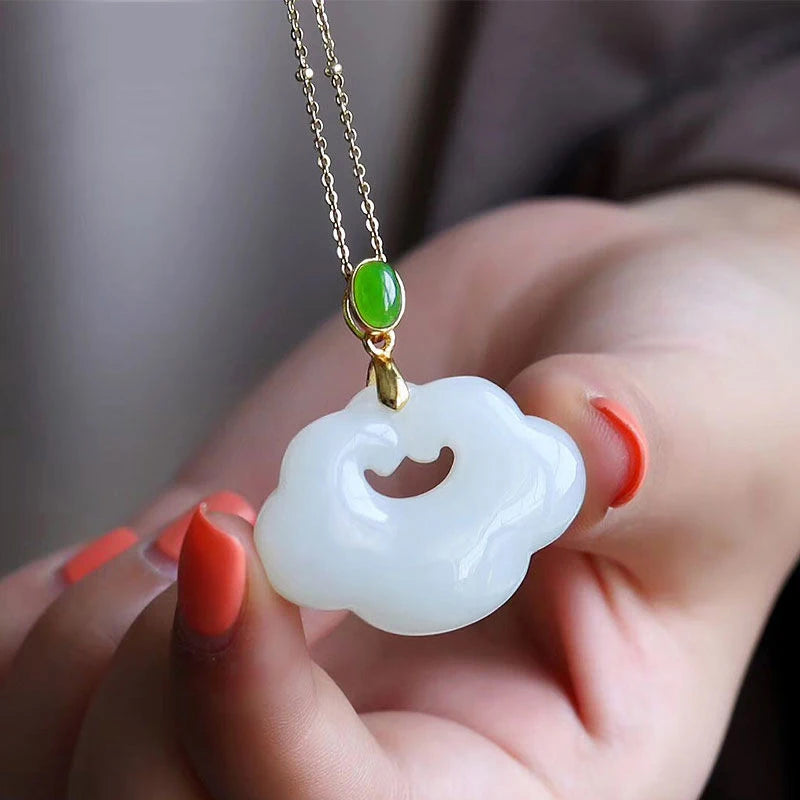 Natural Hetian Jade Cloud Pendant Necklace Retro Charm Jewelry