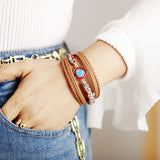 Natural Stone Heart Charm Leather Tennis Cuff Bracelet