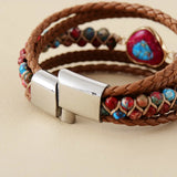 Natural Stone Heart Charm Leather Tennis Cuff Bracelet