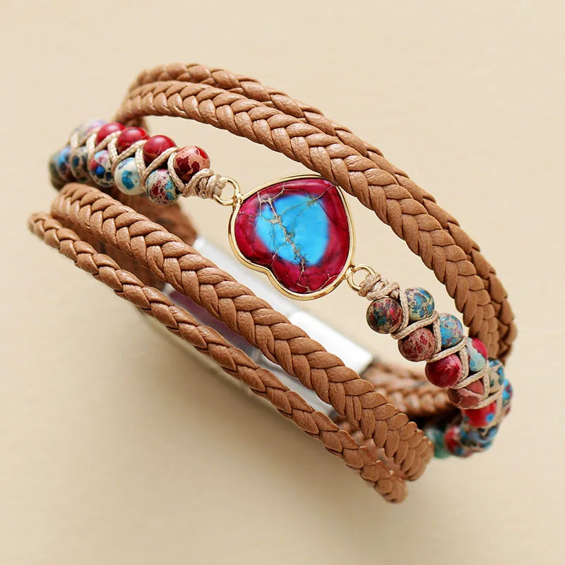 Natural Stone Heart Charm Leather Tennis Cuff Bracelet