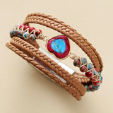 Natural Stone Heart Charm Leather Tennis Cuff Bracelet