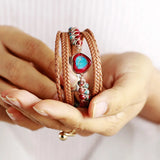 Natural Stone Heart Charm Leather Tennis Cuff Bracelet