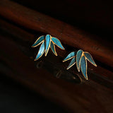 Silver Enamel Bamboo Leaf Stud Earrings Chinese Style