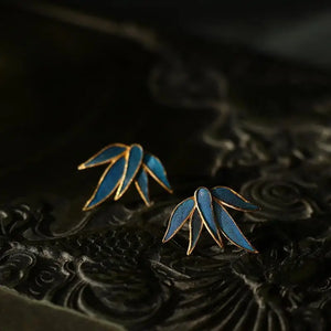 Silver Enamel Bamboo Leaf Stud Earrings Chinese Style