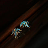 Silver Enamel Bamboo Leaf Stud Earrings Chinese Style