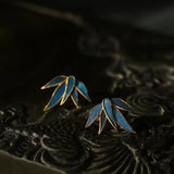 Silver Enamel Bamboo Leaf Stud Earrings Chinese Style
