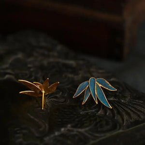 Silver Enamel Bamboo Leaf Stud Earrings Chinese Style