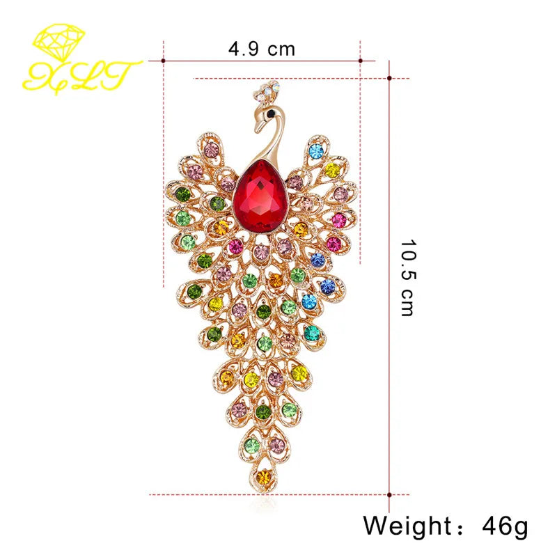 Vintage Peacock Glass Brooch with Rhinestones