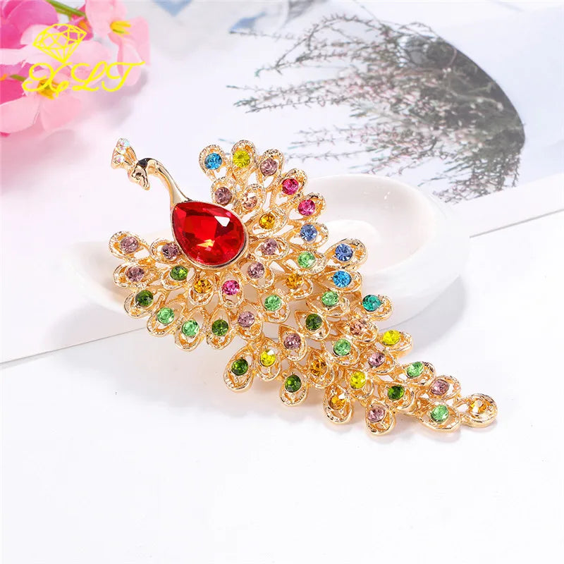 Vintage Peacock Glass Brooch with Rhinestones