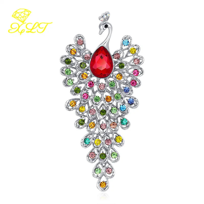 Vintage Peacock Glass Brooch with Rhinestones
