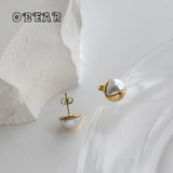 Elegant Pearl Half Round Stud Earrings 18K Plated Stainless Steel