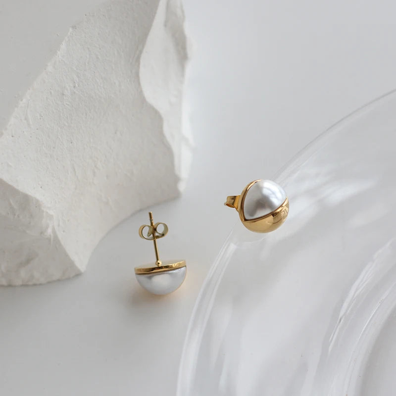 Elegant Pearl Half Round Stud Earrings 18K Plated Stainless Steel